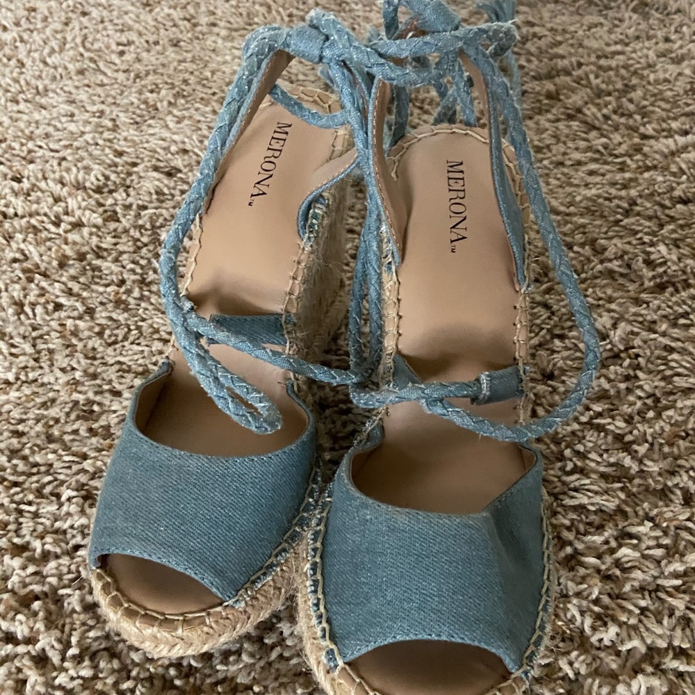 Lace Up Denim Wedges